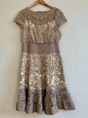 Tadashi Shoji Taupe Lace Dress with Cream Lining